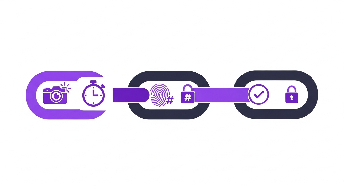 SHA-256 evidence chain with camera, timestamp, fingerprint hash, and lock icons