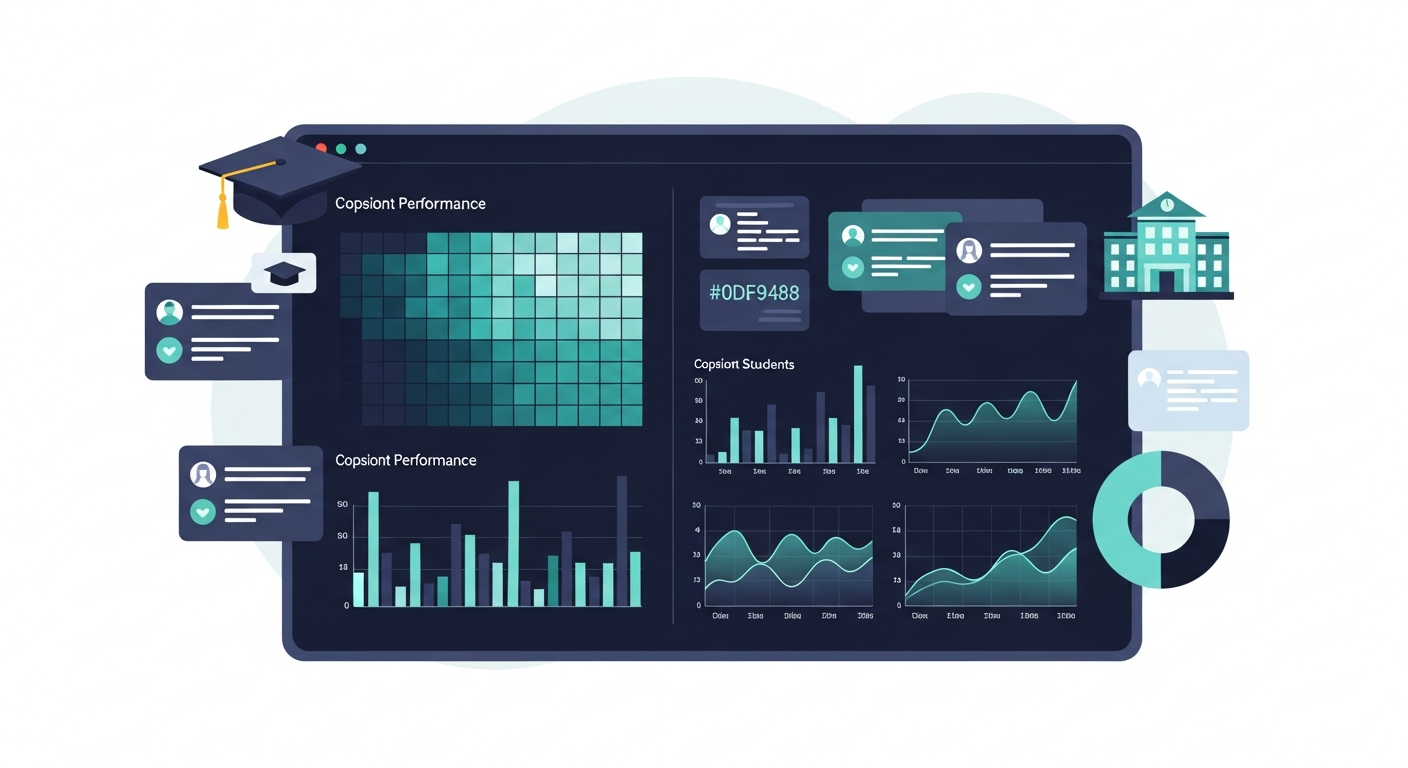 University analytics dashboard showing cohort performance heatmaps, bar charts, and student insights