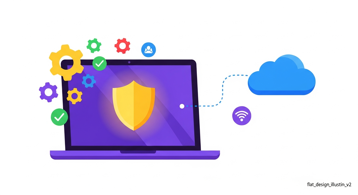 Edge AI processing: laptop with shield icon, gears for on-device processing, thin connection to cloud