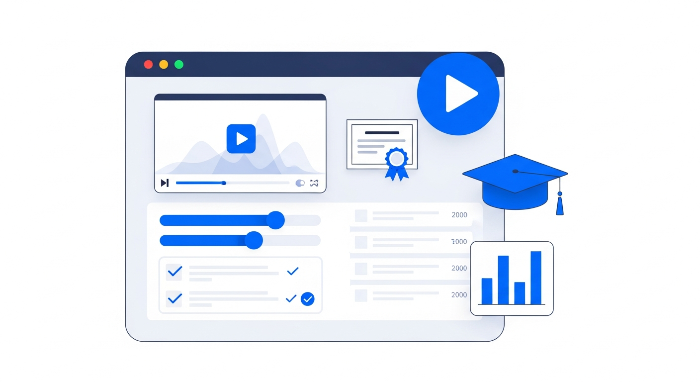 Learning management system with video player, graduation cap, and course modules