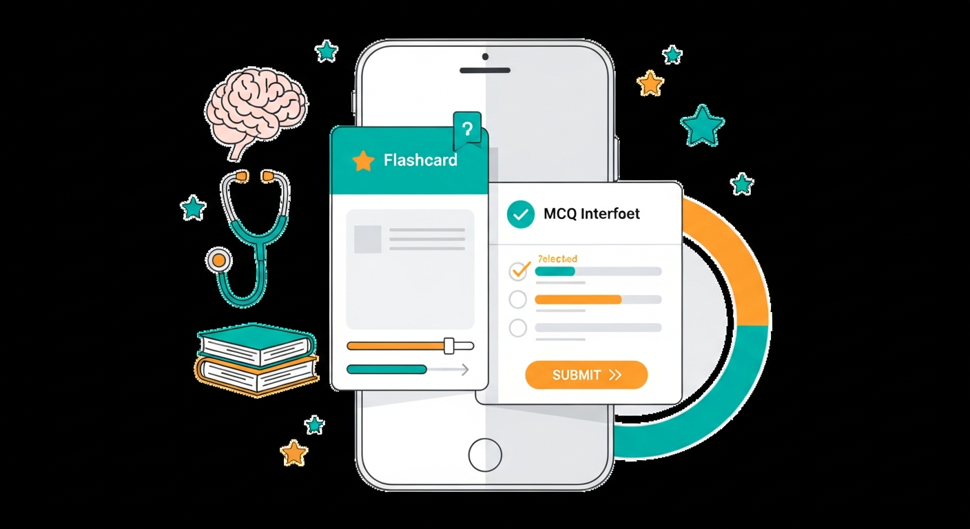 Mobile medical study app with flashcards, MCQ interface, stethoscope and progress circle
